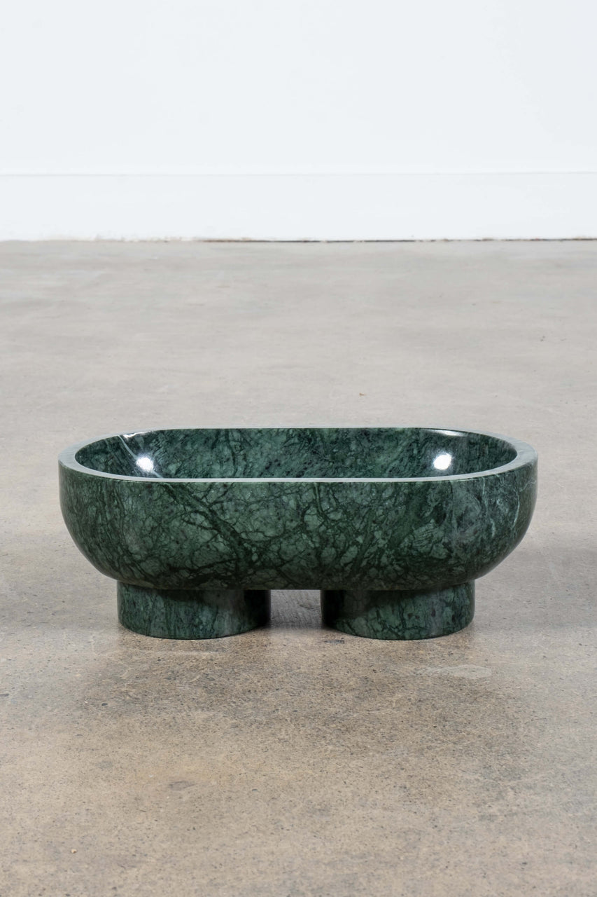 Footed Oval Bowl in Green Marble, front view