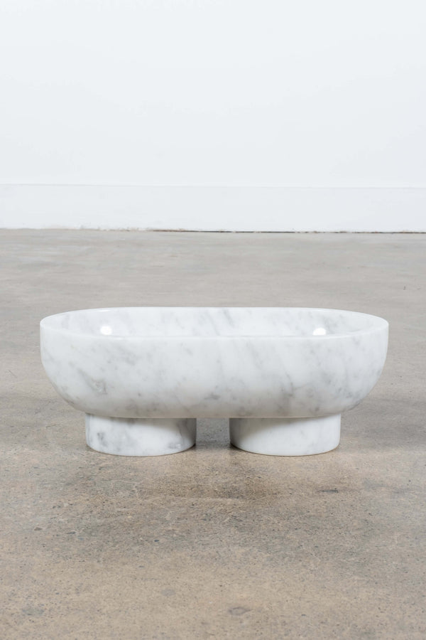 Footed Oval Bowl in White Marble, front view