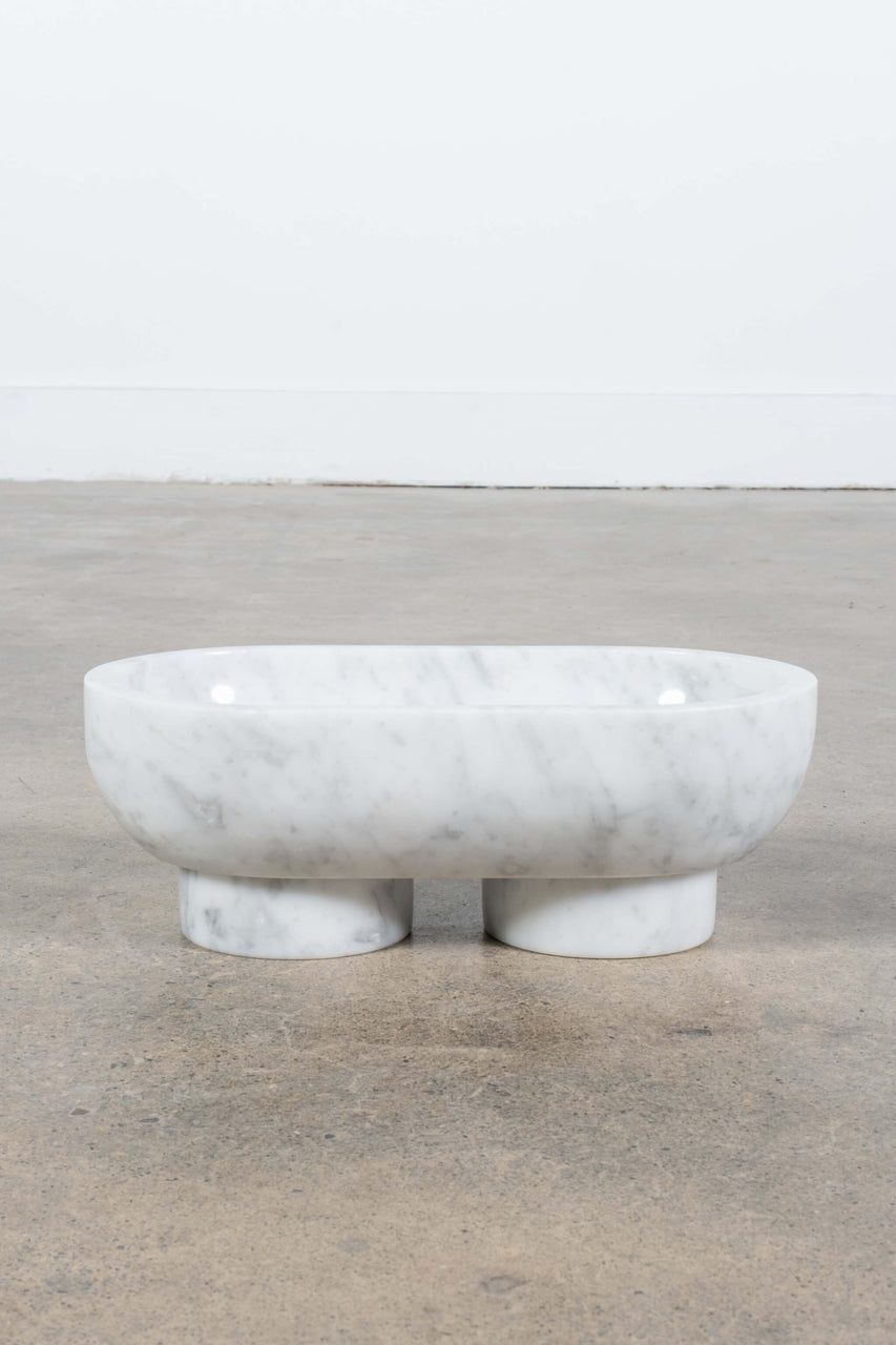 Footed Oval Bowl in White Marble, front view
